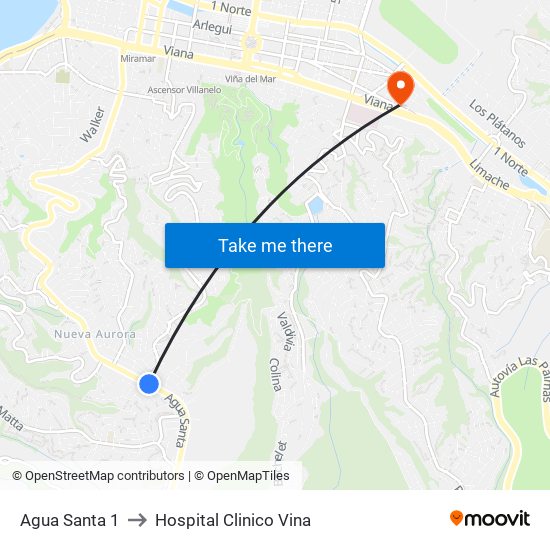 Agua Santa 1 to Hospital Clinico Vina map