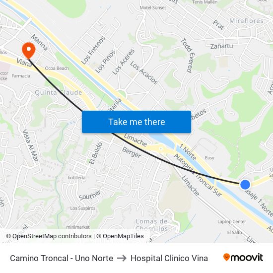 Camino Troncal - Uno Norte to Hospital Clinico Vina map