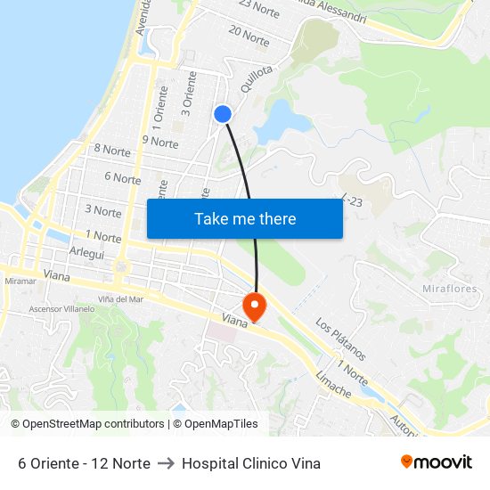 6 Oriente - 12 Norte to Hospital Clinico Vina map