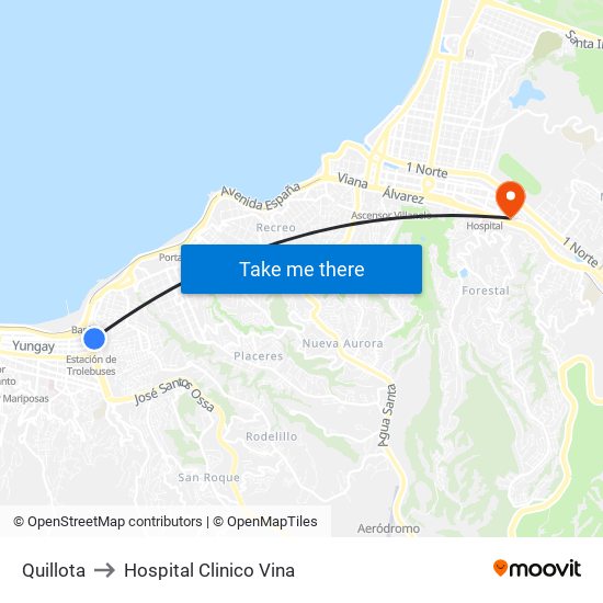 Quillota to Hospital Clinico Vina map