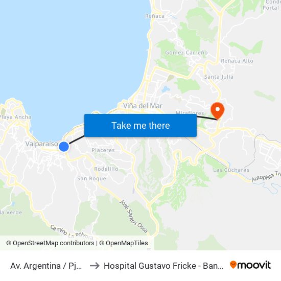 Av. Argentina / Pje Quillota to Hospital Gustavo Fricke - Banco De Sangre map