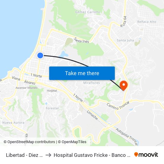 Libertad - Diez Norte to Hospital Gustavo Fricke - Banco De Sangre map