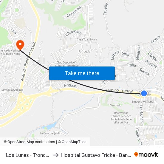 Los Lunes - Troncal / Norte to Hospital Gustavo Fricke - Banco De Sangre map