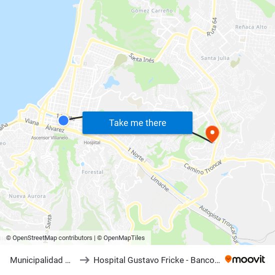 Municipalidad De Viña to Hospital Gustavo Fricke - Banco De Sangre map
