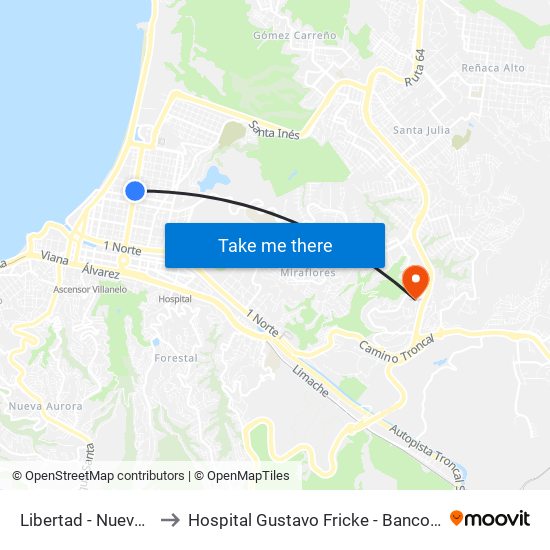 Libertad - Nueve Norte to Hospital Gustavo Fricke - Banco De Sangre map