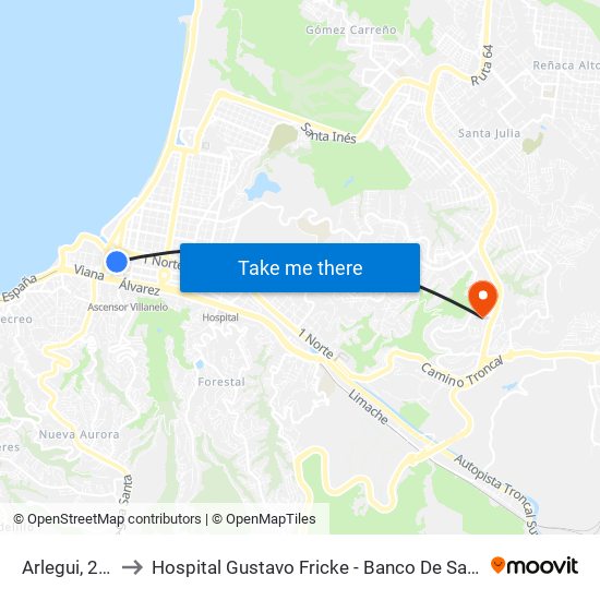 Arlegui, 237 to Hospital Gustavo Fricke - Banco De Sangre map