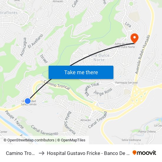 Camino Troncal to Hospital Gustavo Fricke - Banco De Sangre map