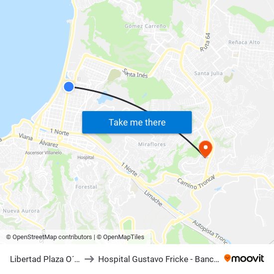 Libertad Plaza O´Higgins to Hospital Gustavo Fricke - Banco De Sangre map