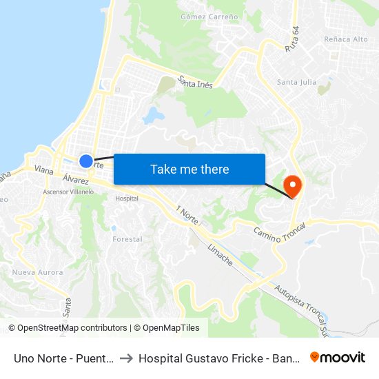 Uno Norte - Puente Quinta to Hospital Gustavo Fricke - Banco De Sangre map