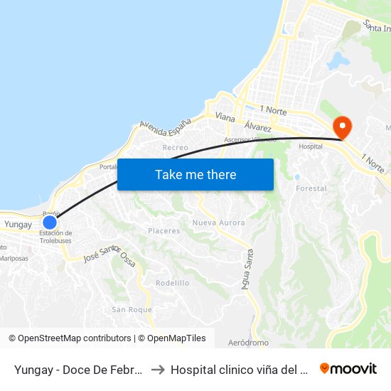 Yungay - Doce De Febrero to Hospital clinico viña del mar map