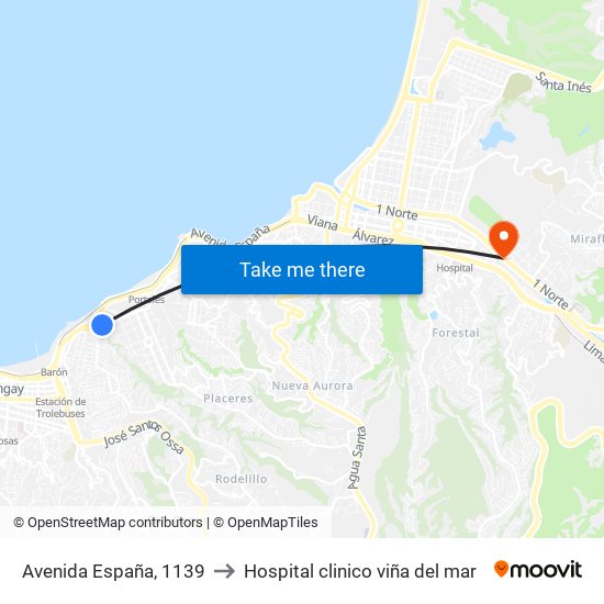 Avenida España, 1139 to Hospital clinico viña del mar map