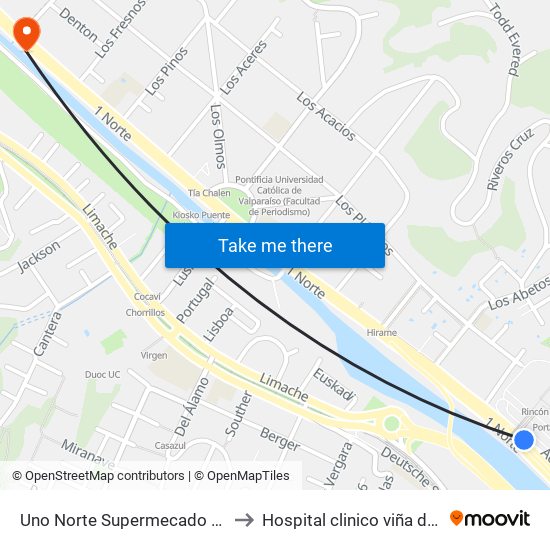 Uno Norte Supermecado Jumbo to Hospital clinico viña del mar map