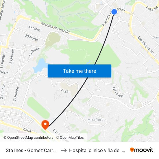 Sta Ines - Gomez Carreño to Hospital clinico viña del mar map