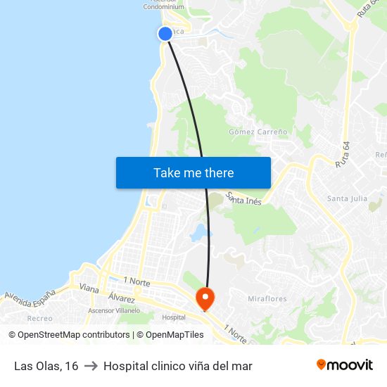 Las Olas, 16 to Hospital clinico viña del mar map