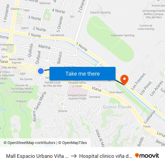 Mall Espacio Urbano Viña Centro to Hospital clinico viña del mar map
