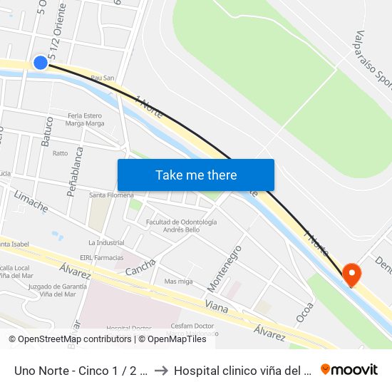 Uno Norte - Cinco 1 / 2 Ote to Hospital clinico viña del mar map