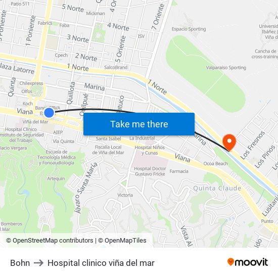 Bohn to Hospital clinico viña del mar map