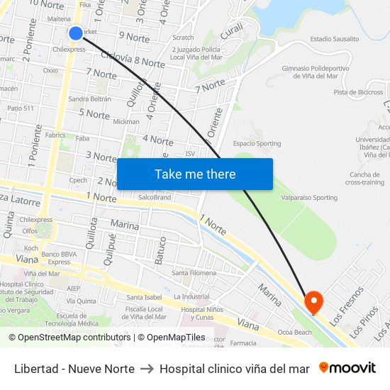 Libertad - Nueve Norte to Hospital clinico viña del mar map