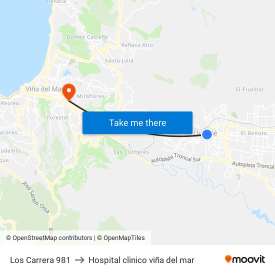 Los Carrera 981 to Hospital clinico viña del mar map