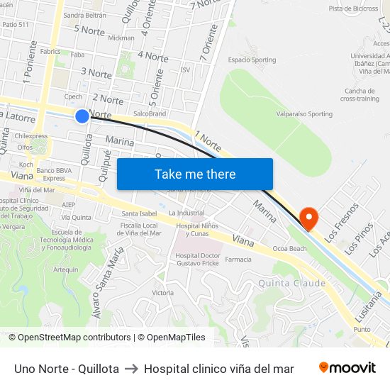 Uno Norte - Quillota to Hospital clinico viña del mar map