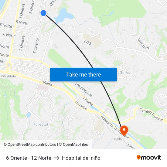 6 Oriente - 12 Norte to Hospital del niño map