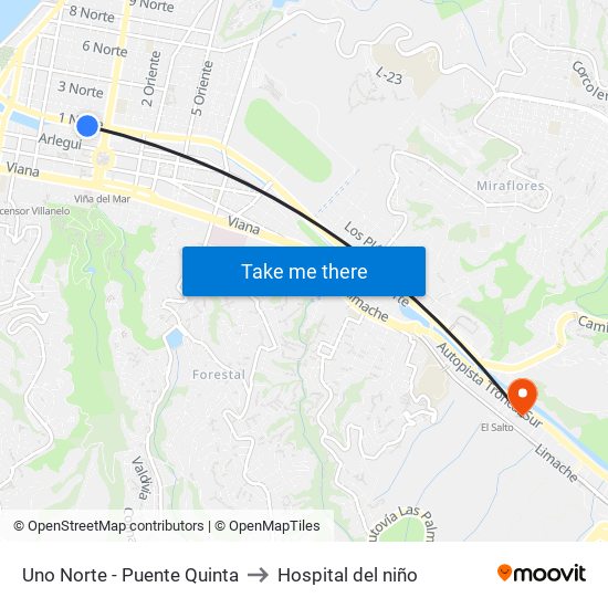 Uno Norte - Puente Quinta to Hospital del niño map