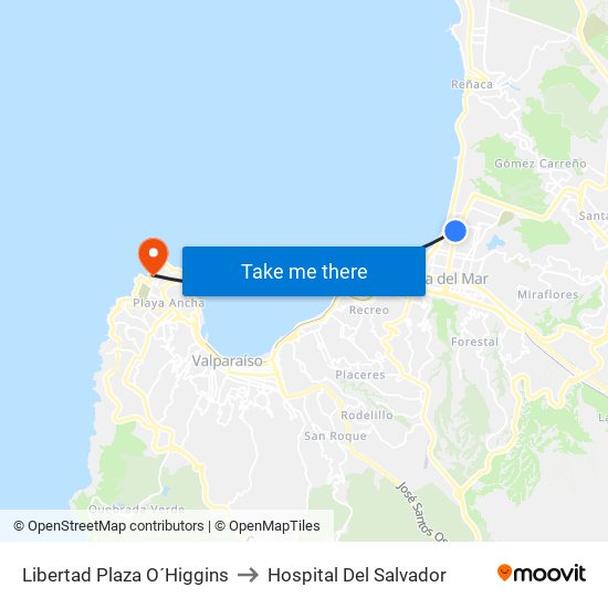 Libertad Plaza O´Higgins to Hospital Del Salvador map