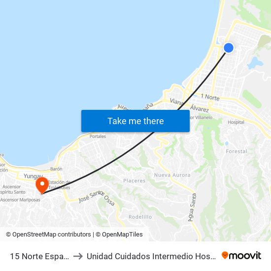 15 Norte Espacio Urbano to Unidad Cuidados Intermedio Hospital Carlos Van Buren map