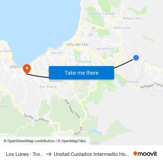 Los Lunes - Troncal / Norte to Unidad Cuidados Intermedio Hospital Carlos Van Buren map