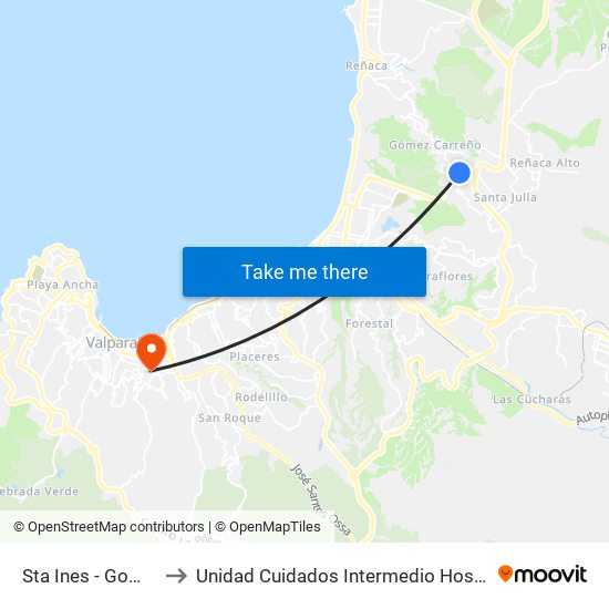 Sta Ines - Gomez Carreño to Unidad Cuidados Intermedio Hospital Carlos Van Buren map