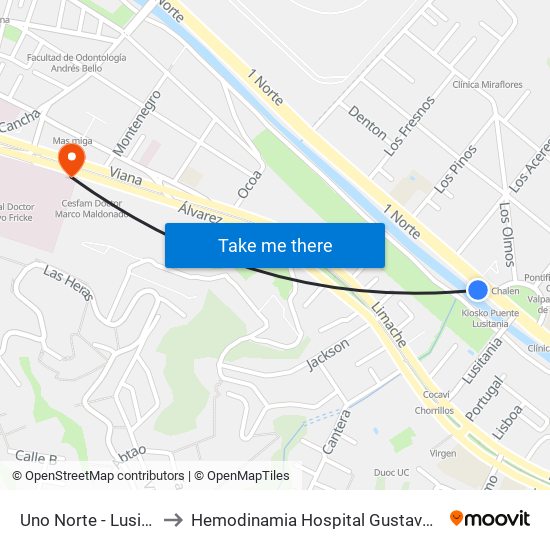 Uno Norte - Lusitania to Hemodinamia Hospital Gustavo Fricke map