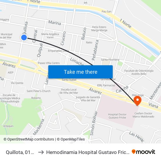 Quillota, 0151 to Hemodinamia Hospital Gustavo Fricke map