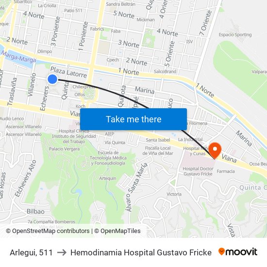 Arlegui, 511 to Hemodinamia Hospital Gustavo Fricke map