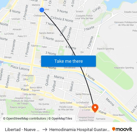 Libertad - Nueve Norte to Hemodinamia Hospital Gustavo Fricke map