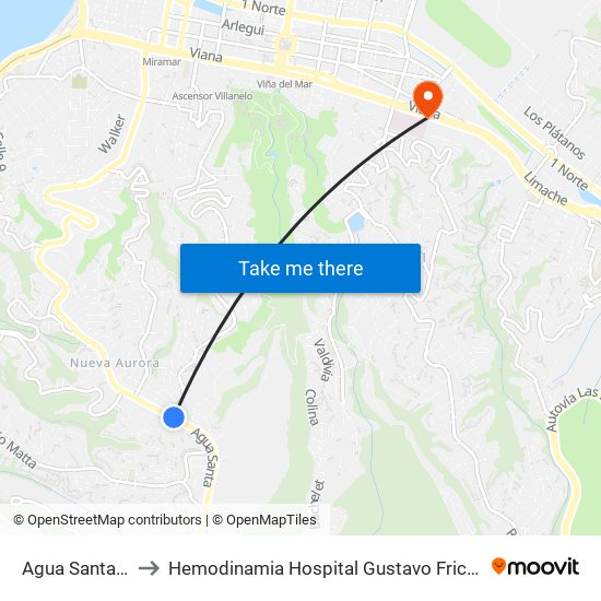 Agua Santa 1 to Hemodinamia Hospital Gustavo Fricke map