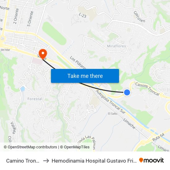 Camino Troncal to Hemodinamia Hospital Gustavo Fricke map