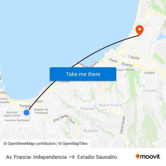 Av. Francia- Independencia to Estadio Sausalito map