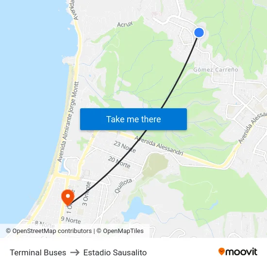Terminal Buses to Estadio Sausalito map