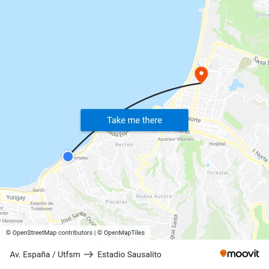 Av. España / Utfsm to Estadio Sausalito map