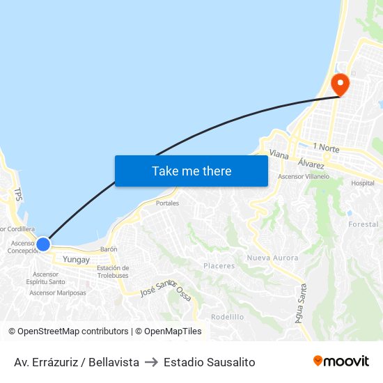 Av. Errázuriz / Bellavista to Estadio Sausalito map