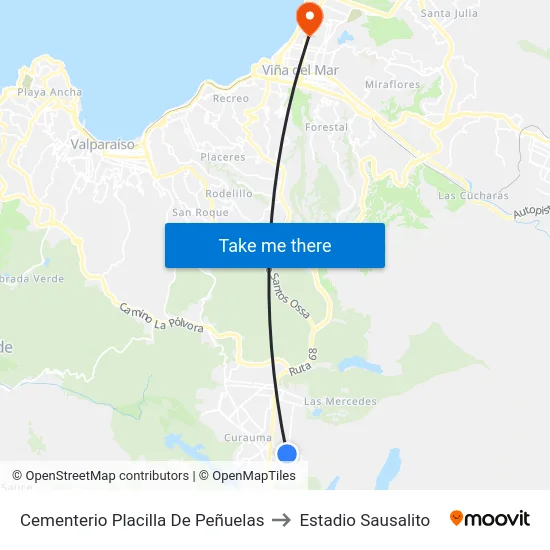 Cementerio Placilla De Peñuelas to Estadio Sausalito map