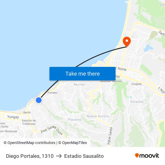 Diego Portales, 1310 to Estadio Sausalito map