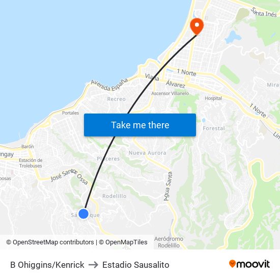 B Ohiggins/Kenrick to Estadio Sausalito map