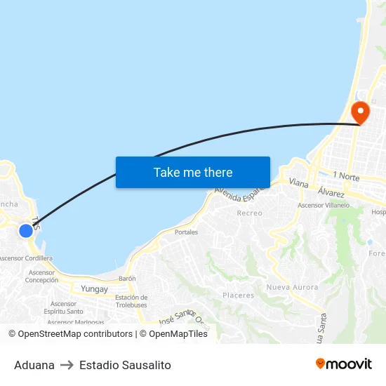 Aduana to Estadio Sausalito map