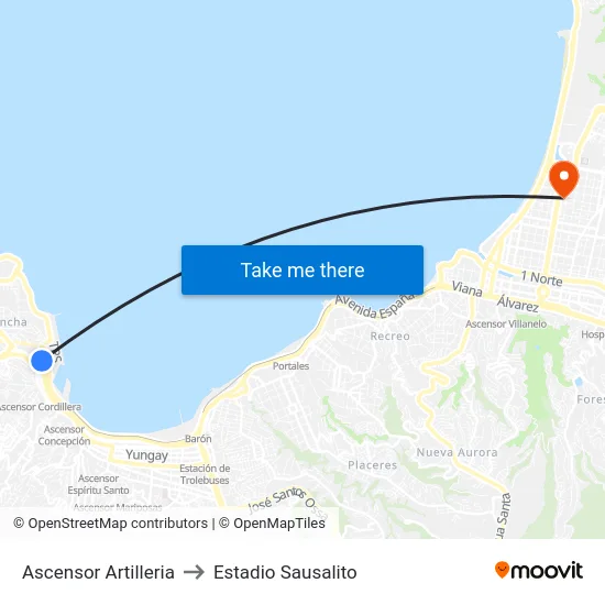 Ascensor Artilleria to Estadio Sausalito map