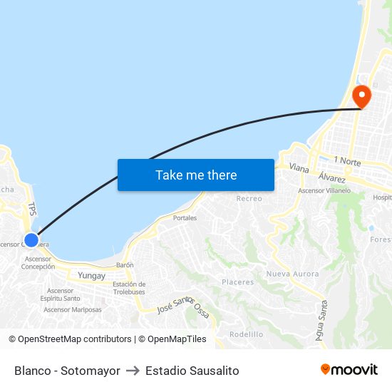 Blanco - Sotomayor to Estadio Sausalito map