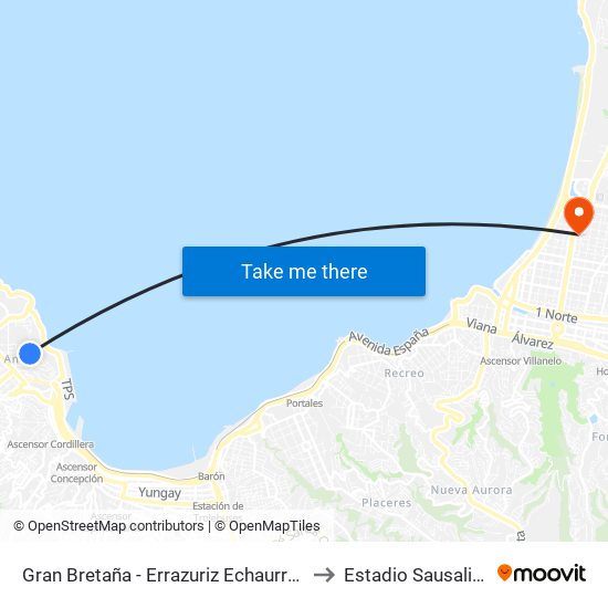 Gran Bretaña - Errazuriz Echaurren to Estadio Sausalito map