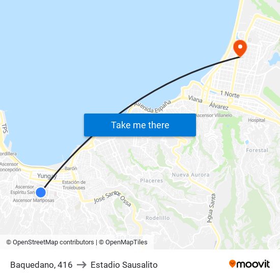 Baquedano, 416 to Estadio Sausalito map