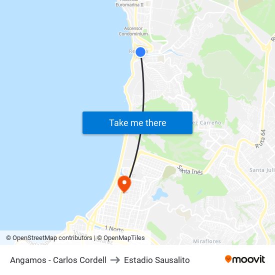 Angamos - Carlos Cordell to Estadio Sausalito map