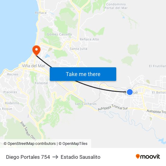 Diego Portales 754 to Estadio Sausalito map